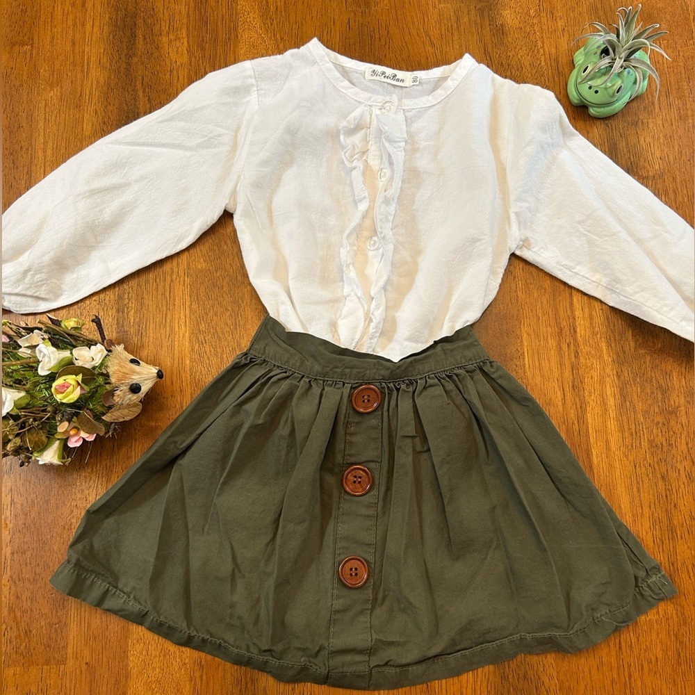 Olive Green Button Skirt & White Ruffle Top Outfit | Girls Size 80(12-18 Months)